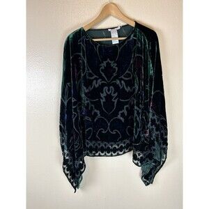 Chico's S M Silk Velvet Burnout Kimono Shawl Cape Kaftan Poncho Topper Green